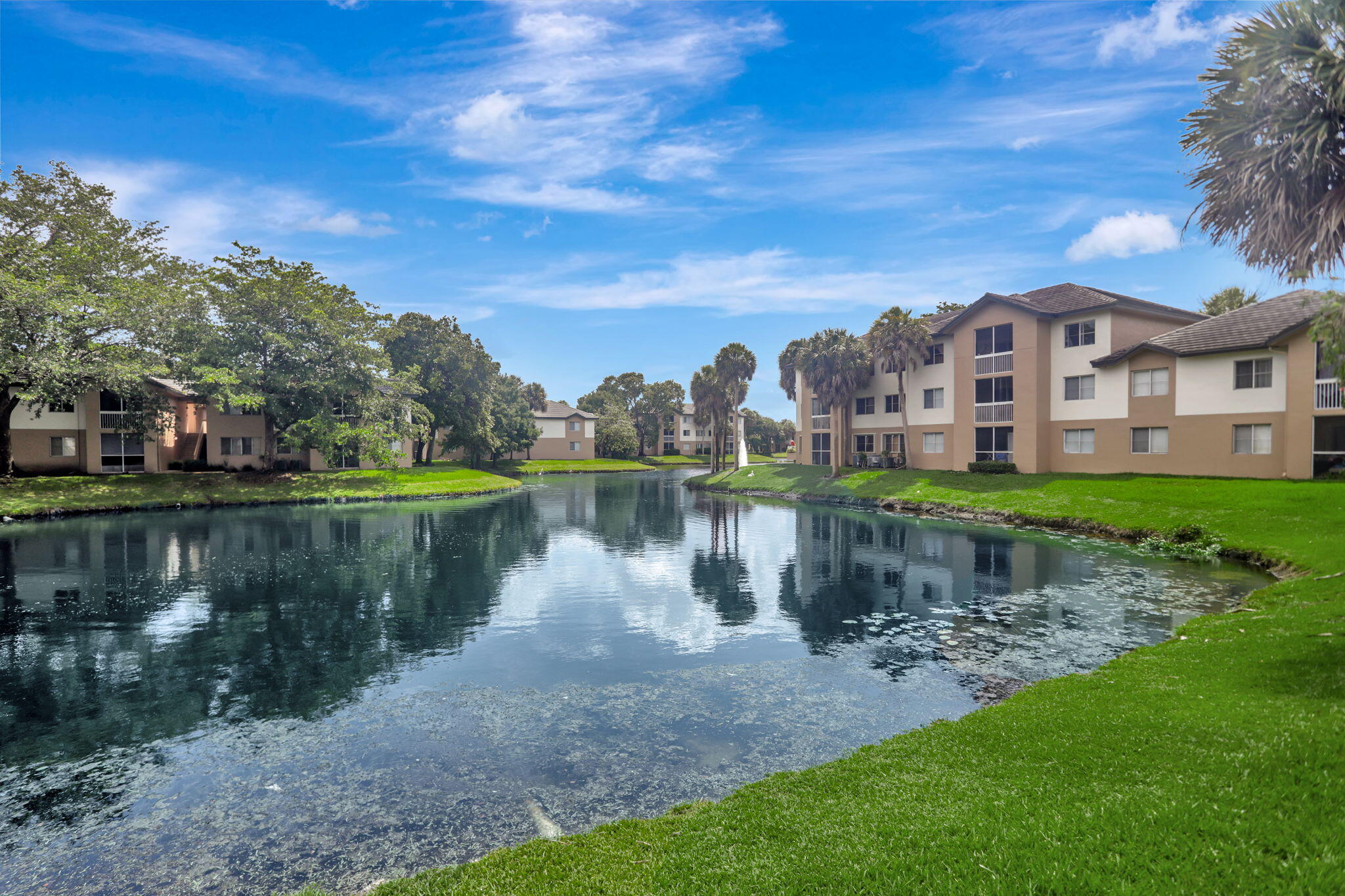 a view of a lake with a big yard and large tree