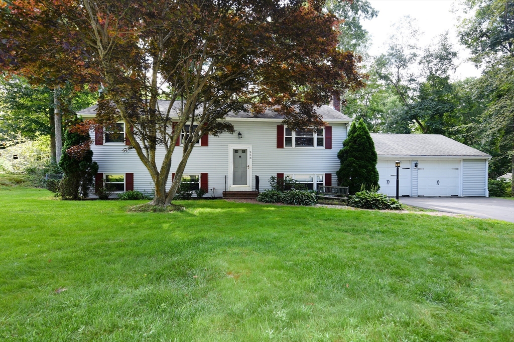 a front view of a house with a yard and trees