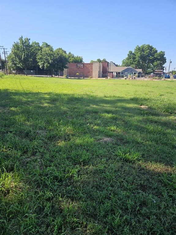 a view of a grassy field with trees in the background