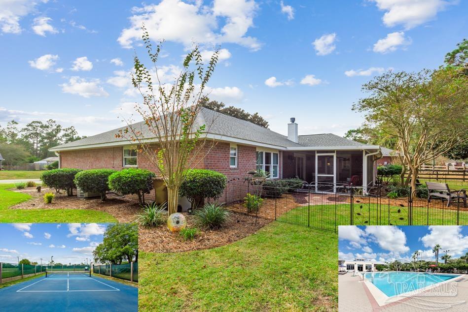 a front view of house with yard swimming pool and outdoor seating