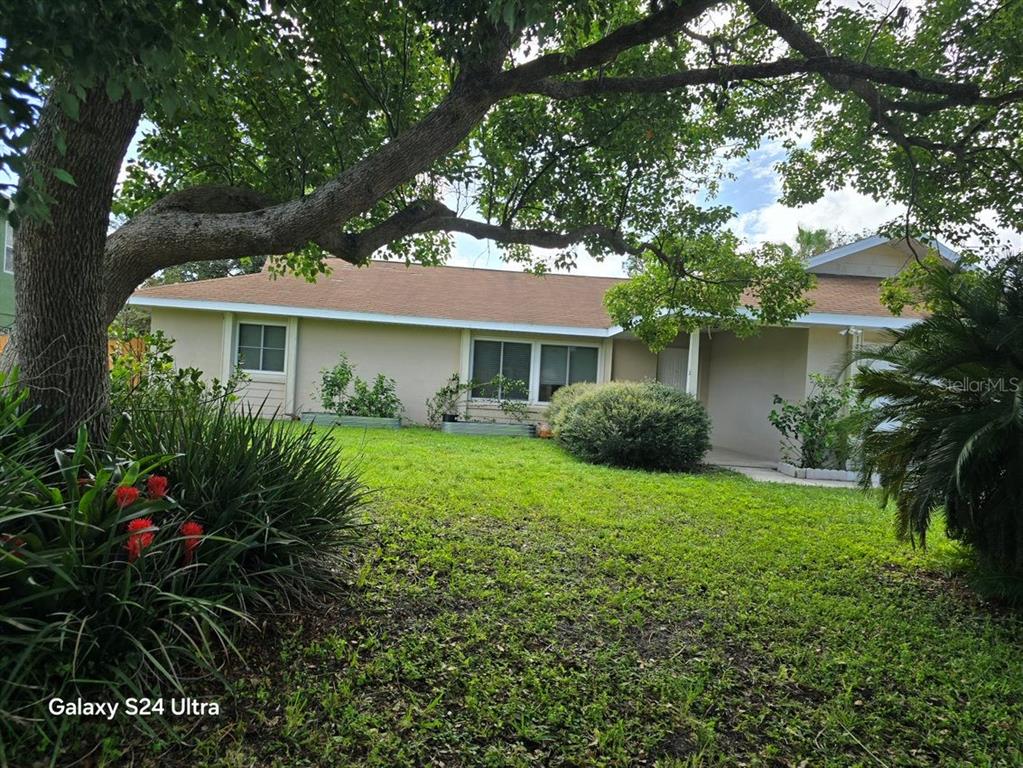 a view of a house with a yard and potted plants