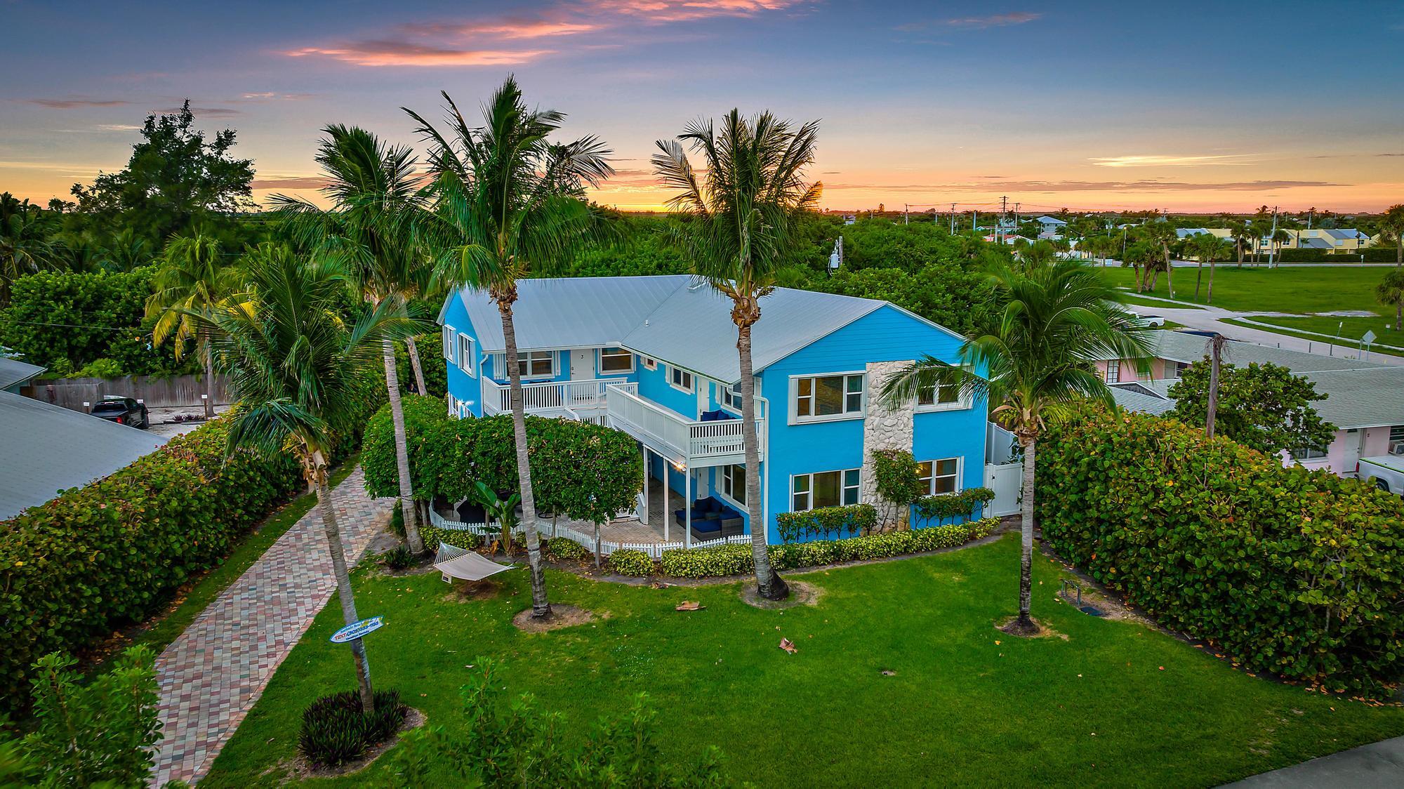 a aerial view of a house with a big yard and potted plants