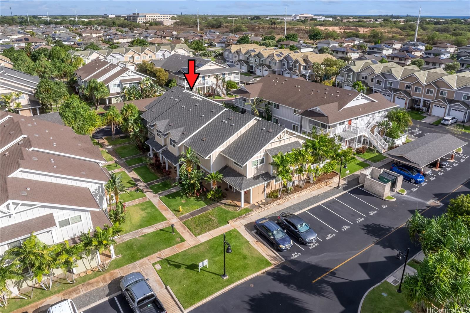 an aerial view of a house with a garden