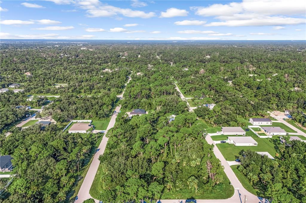 an aerial view of residential houses with outdoor space and trees