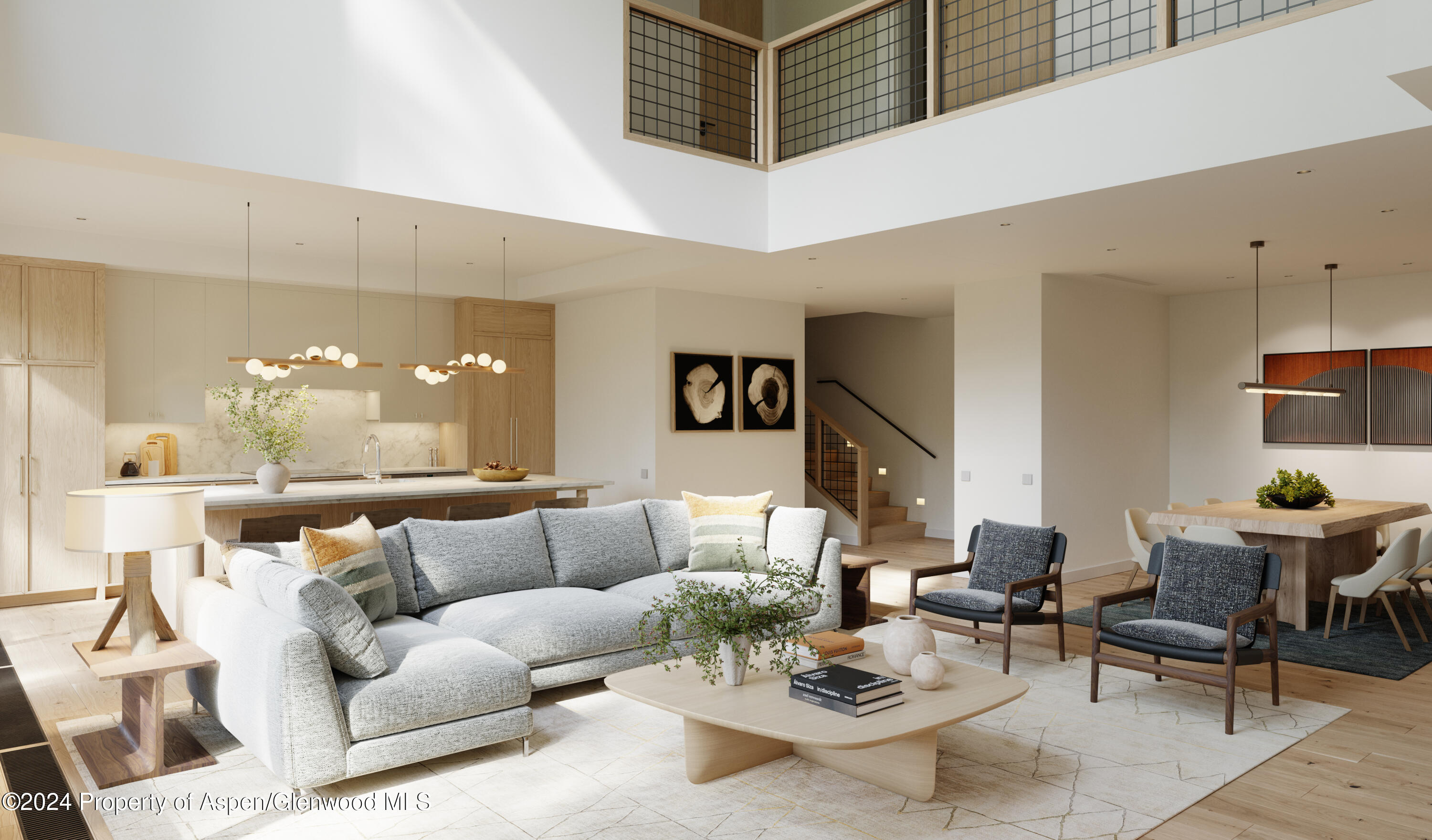 a living room with furniture and view of kitchen