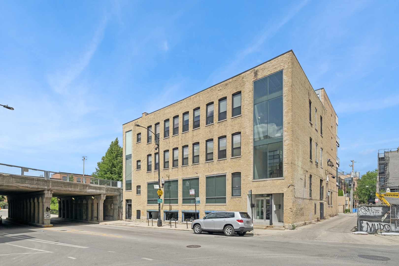 a front view of a building with street