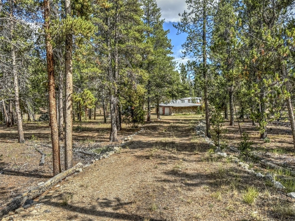 a view of a yard with wooden fence