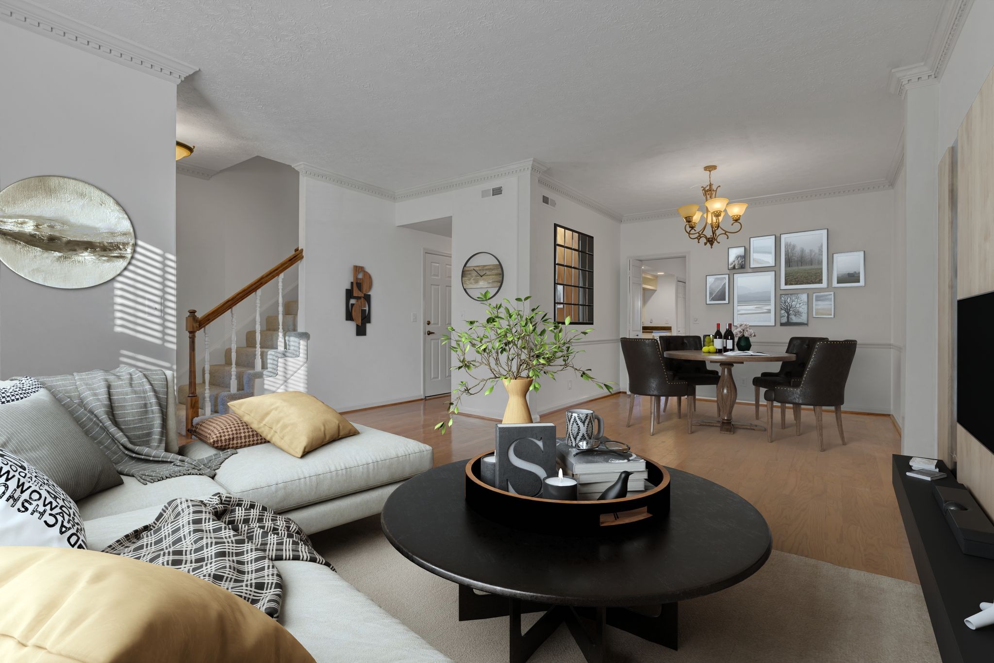 a living room with furniture potted plant and a table