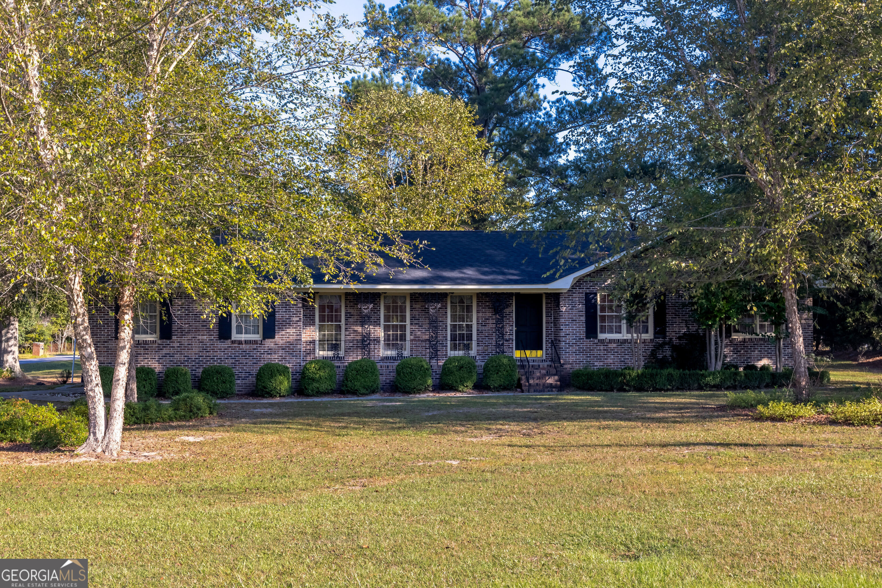 a front view of a house with a yard and a large tree