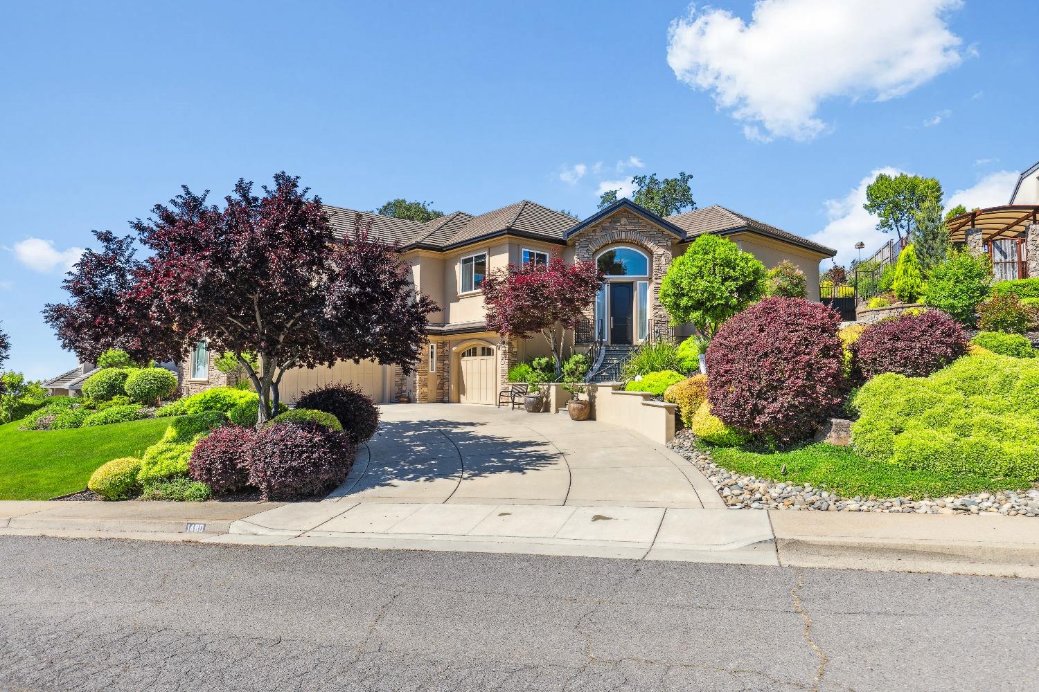 a front view of a house with a yard and a garden