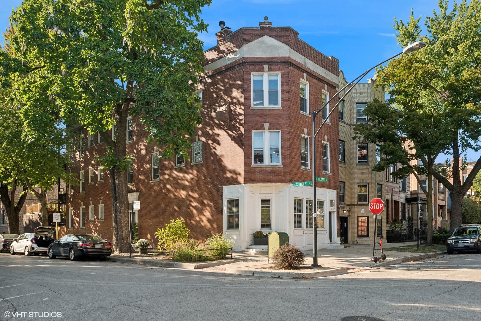 a front view of a building with street view