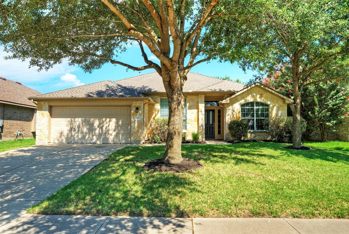 a front view of a house with a yard and an tree