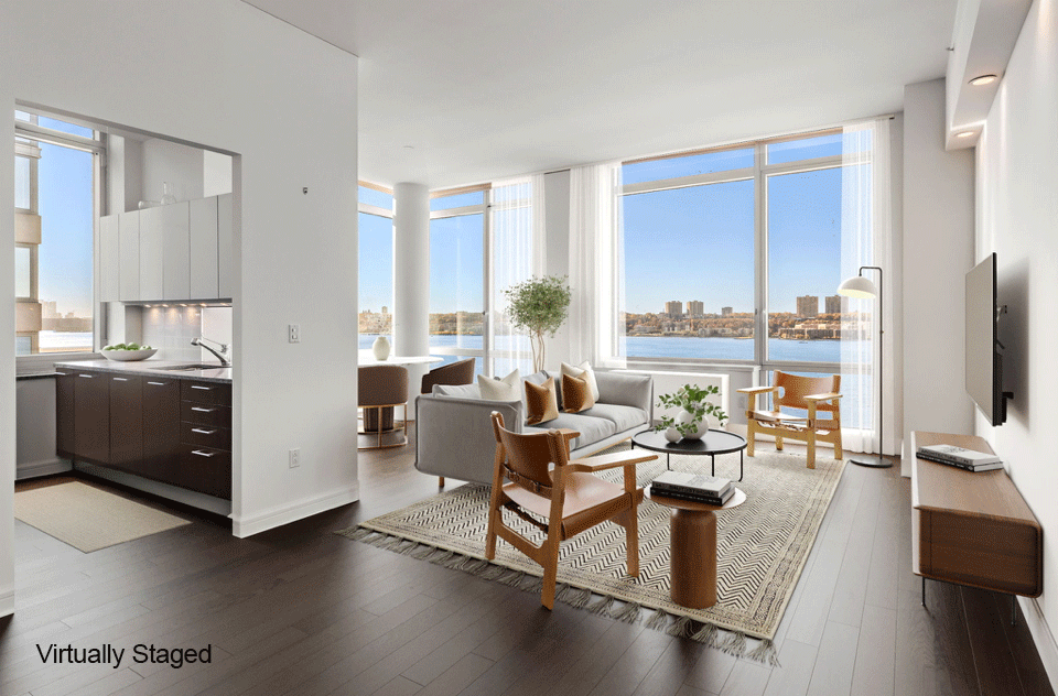 a living room with furniture a large window and a flat screen tv