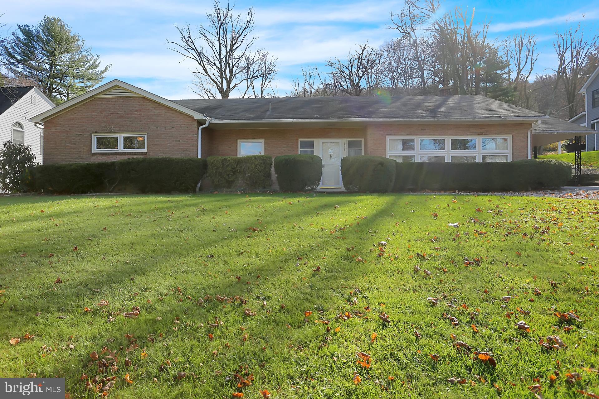 a front view of a house with yard and green space