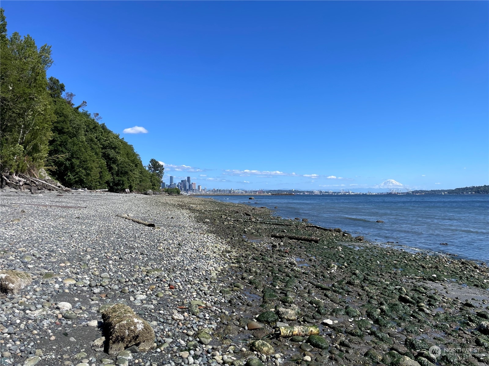 a view of an ocean beach and mountain