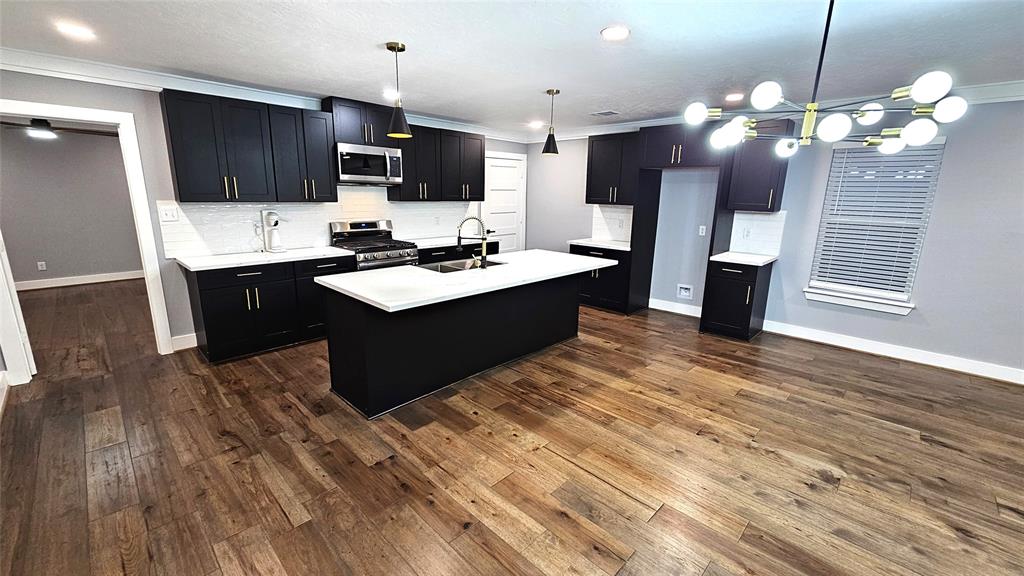 Beautiful Open Concept 30x20 Kitchen, Dining Room and Living Area.  Featuring Modern Fireplace, Solid Wood Matte Black Cabinets with Soft Close Doors/Drawers, Stainless Steel Samsung Smart Appliances, Brushed Gold Hardware and Lighting