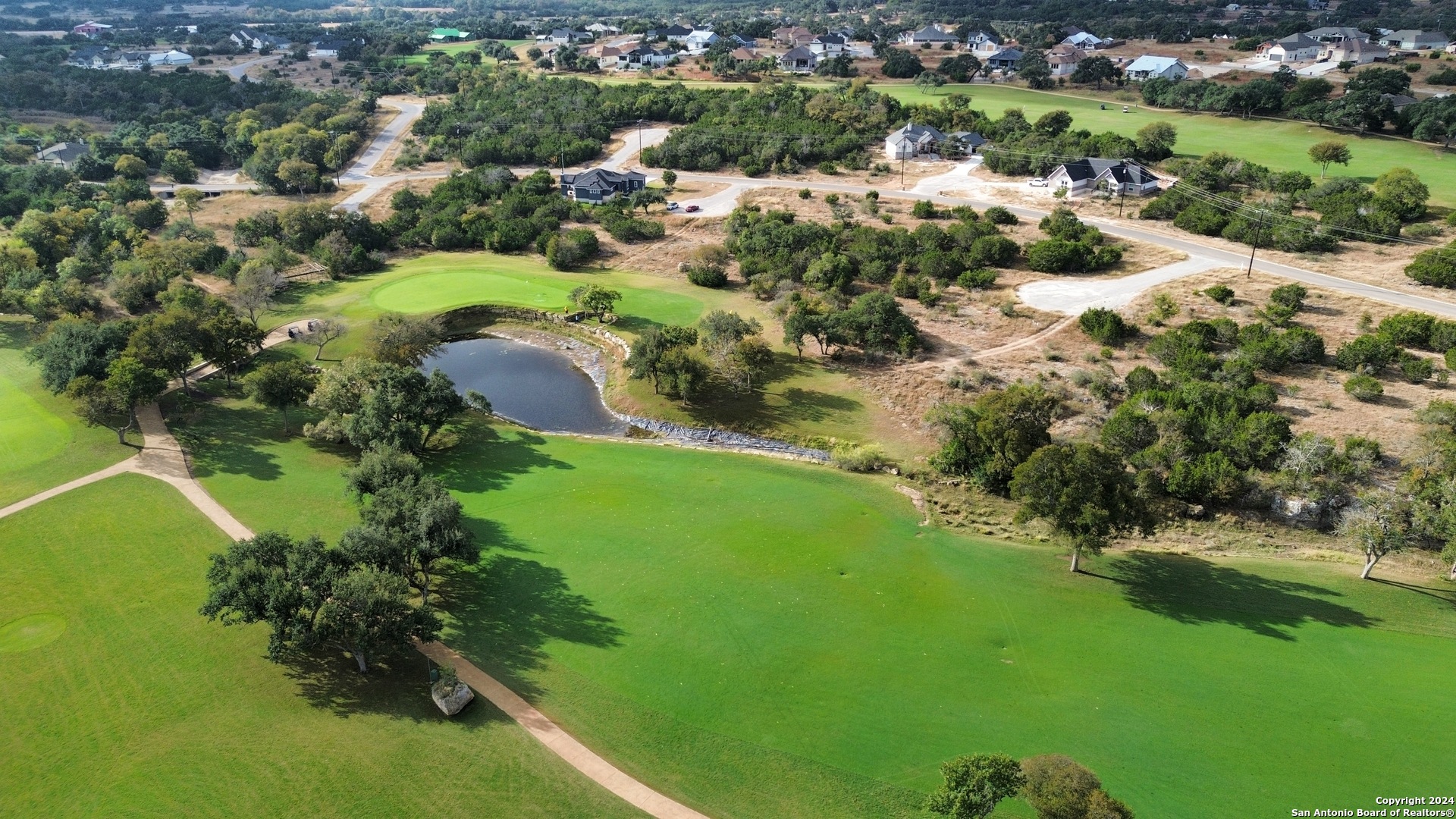 an aerial view of residential houses with outdoor space and trees