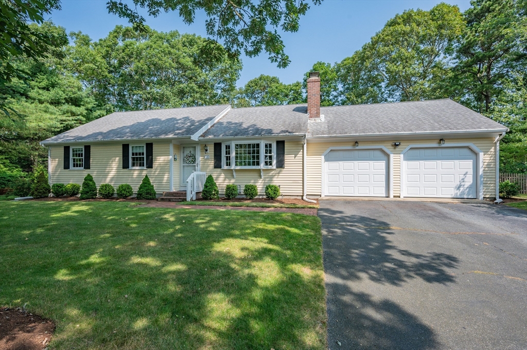 a view of a house with a yard plants and large tree