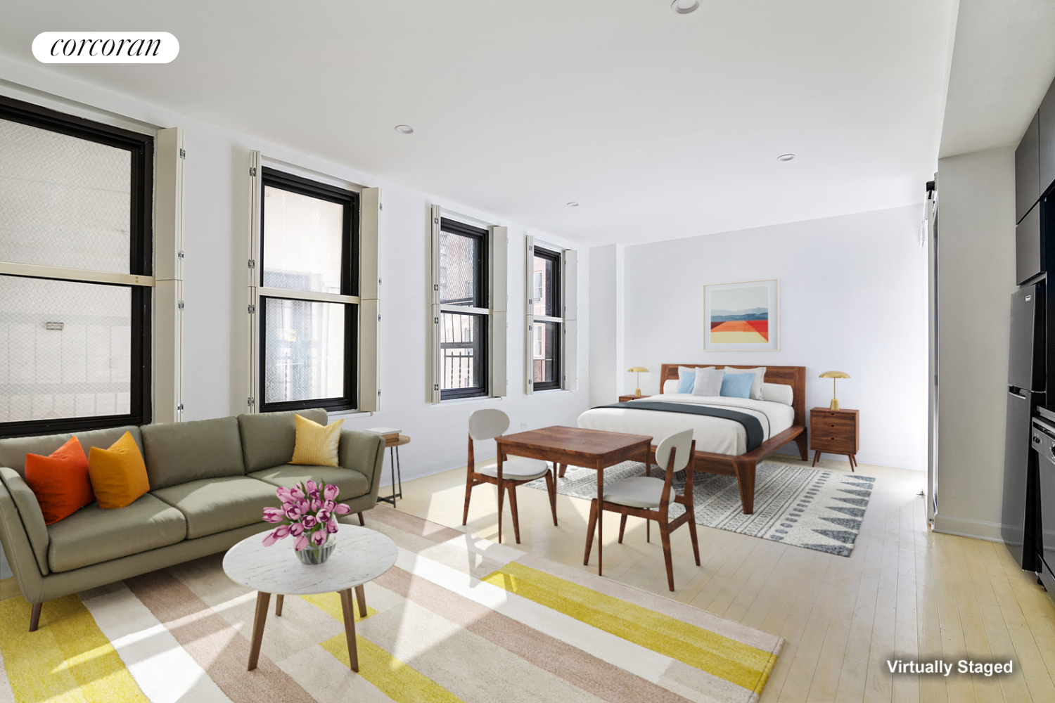 a living room with furniture and a potted plant