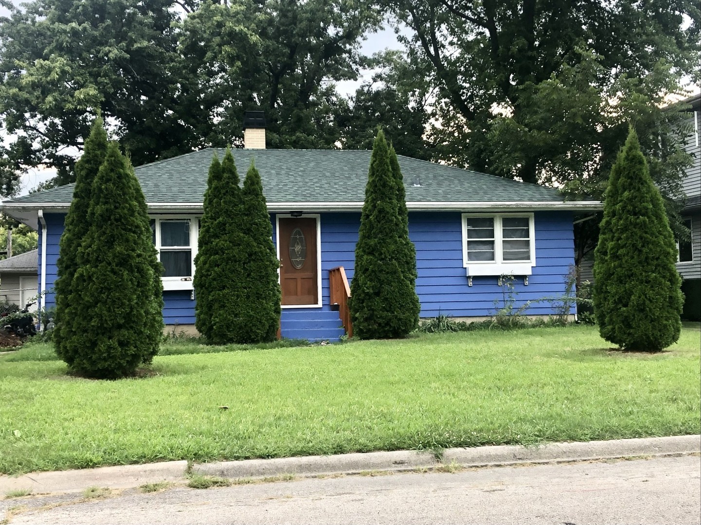 a front view of house with yard and green space