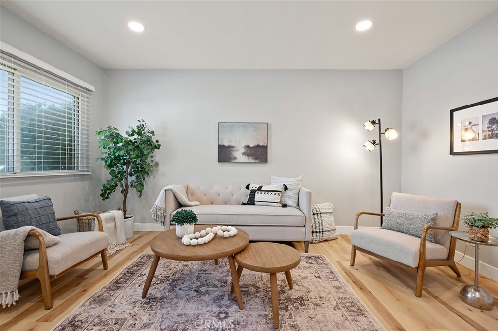 a living room with furniture and a potted plant