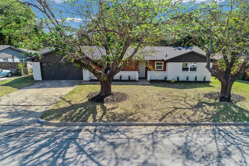 a front view of a house with a yard covered with trees