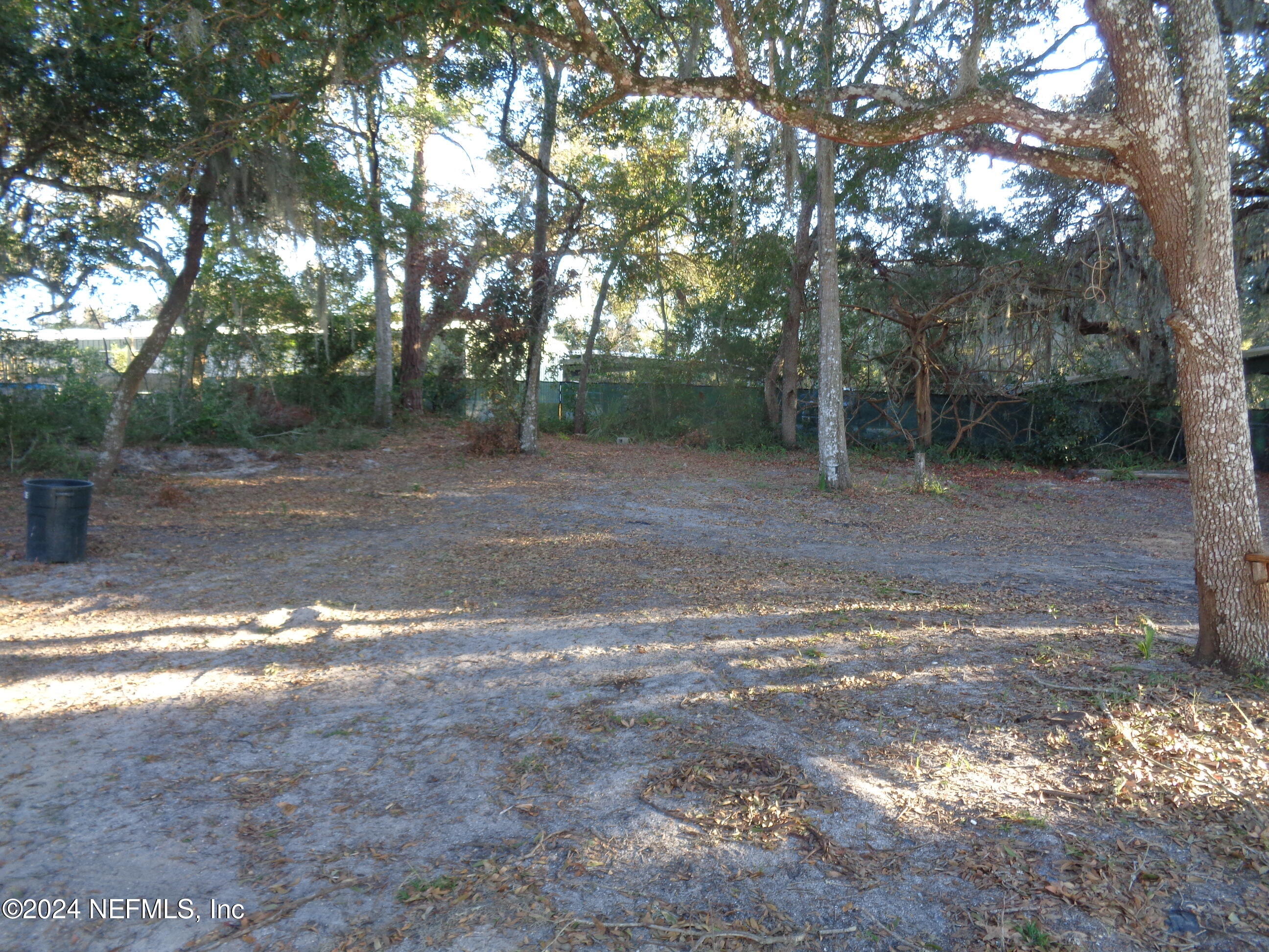 a view of a dirt road with large trees