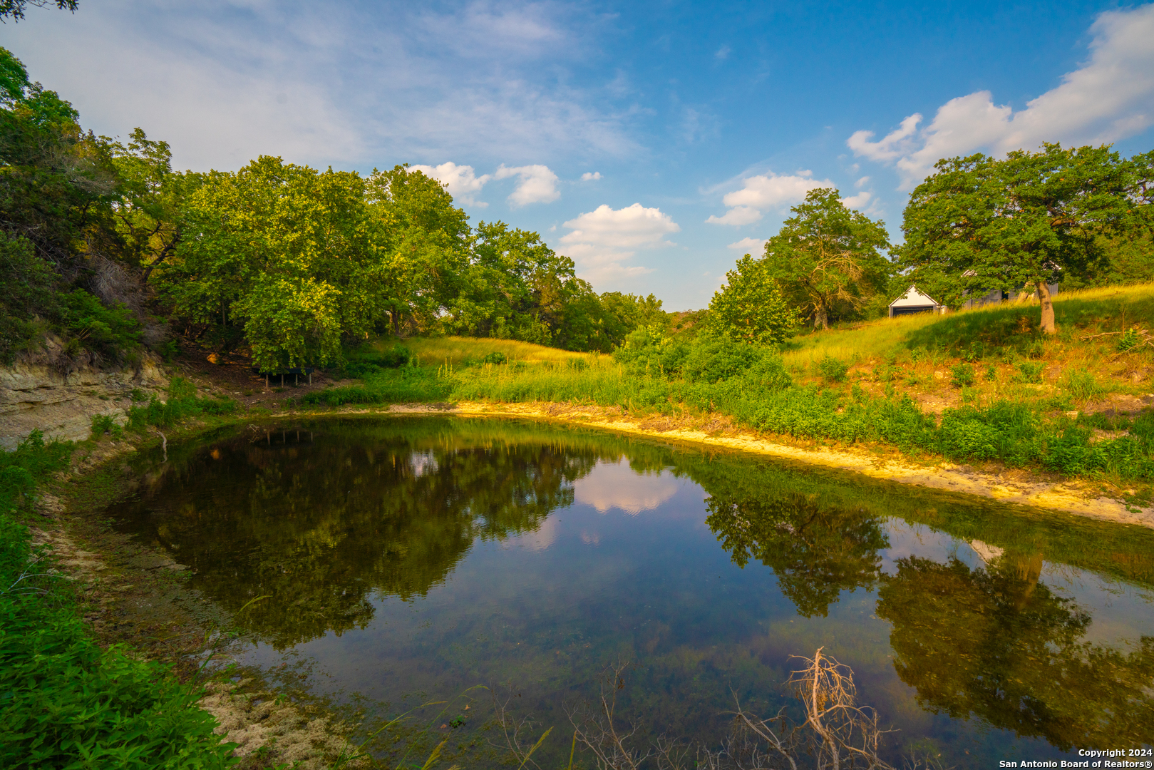 a view of a lake with a yard