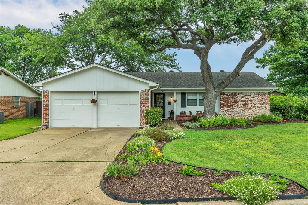 a view of a house with a yard and large tree