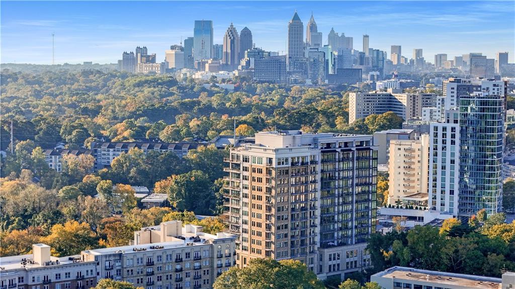 a city view with tall buildings