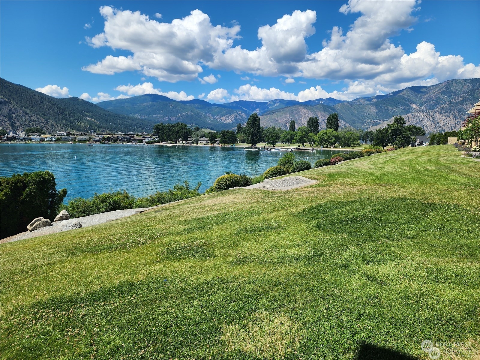 a view of a lake and city