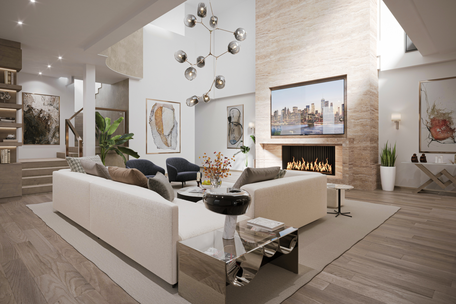 a living room with furniture a fireplace and a chandelier