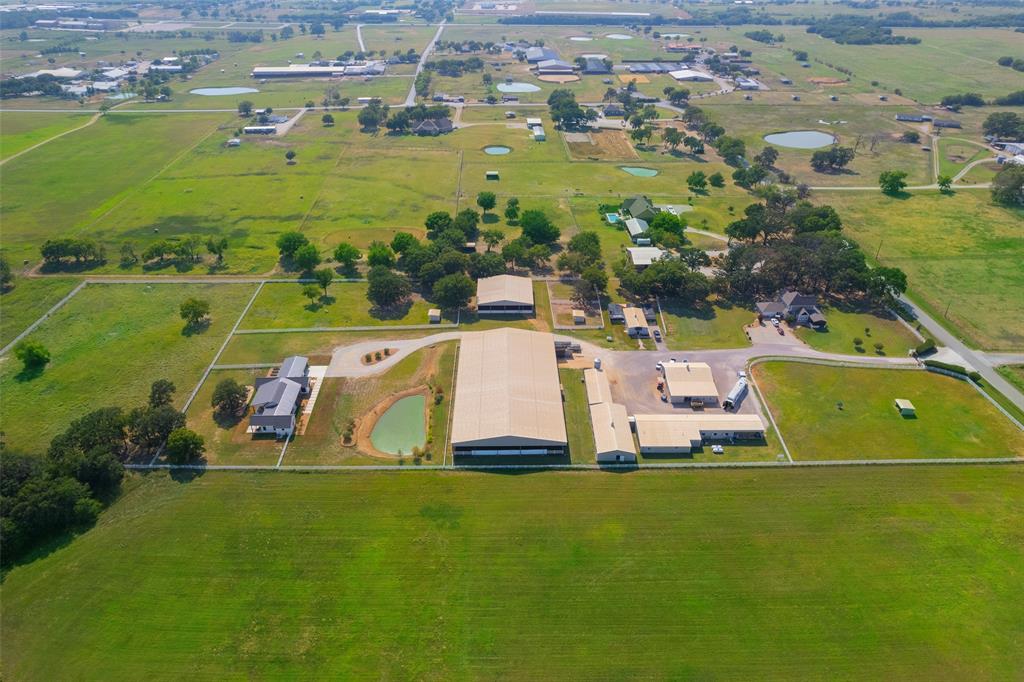 an aerial view of a pool