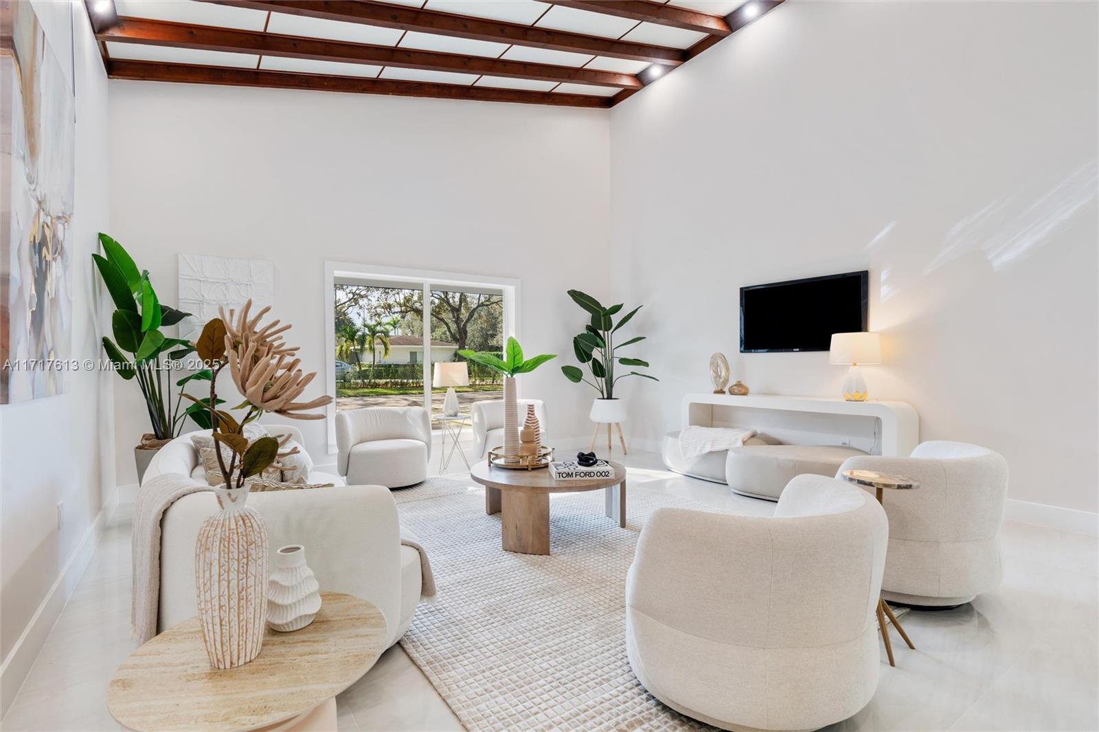 a living room with furniture and a potted plant