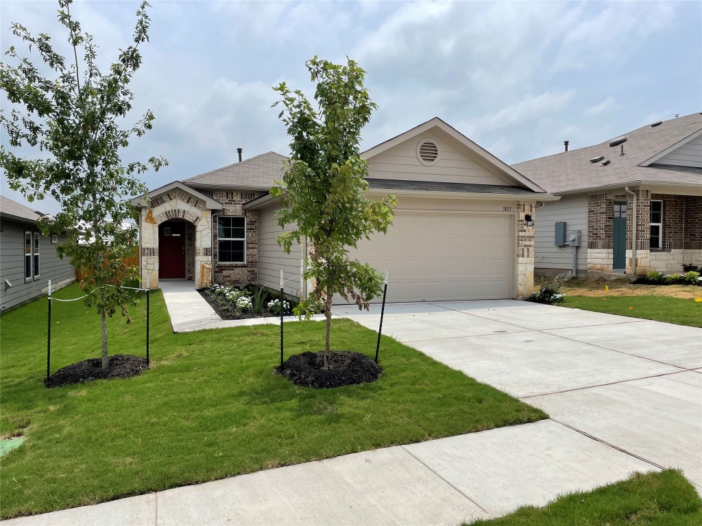 a front view of a house with a garden and plants