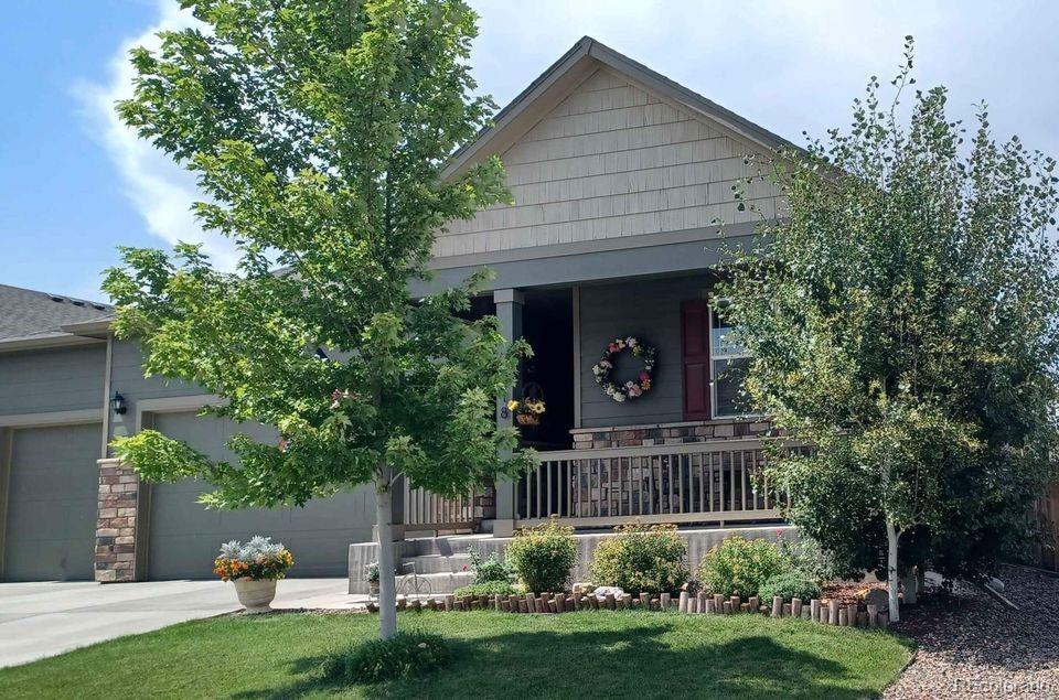 a view of a house with a yard and a garden