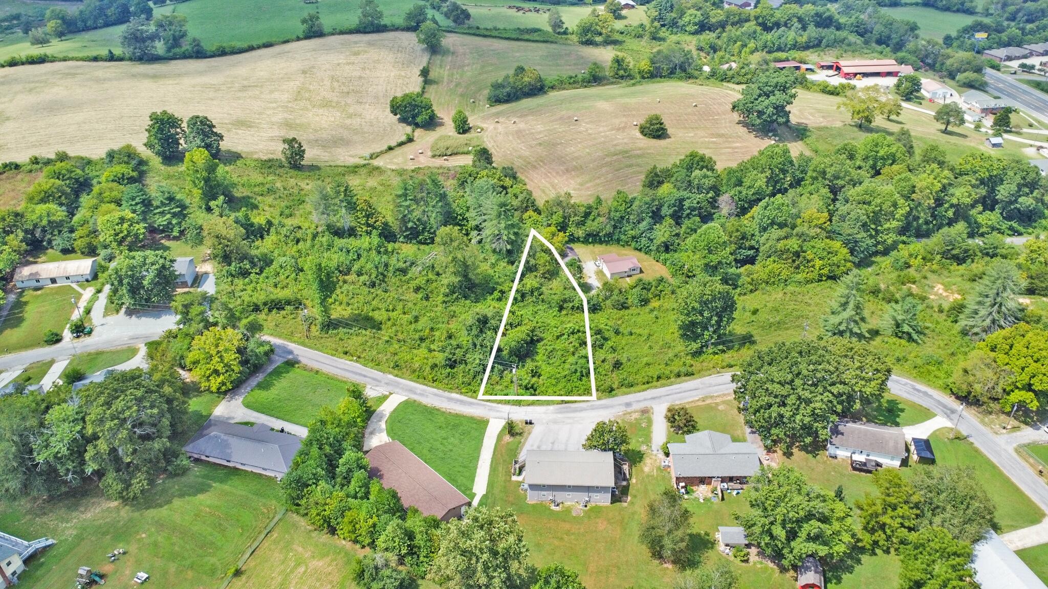 an aerial view of a house with a yard and lake view