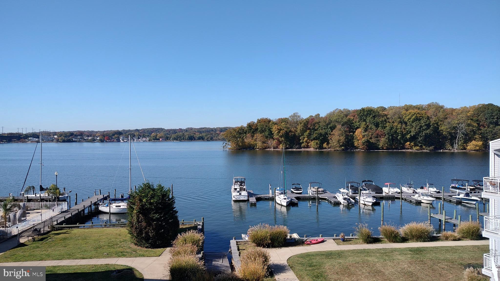 a view of a lake with a lawn chairs and a table