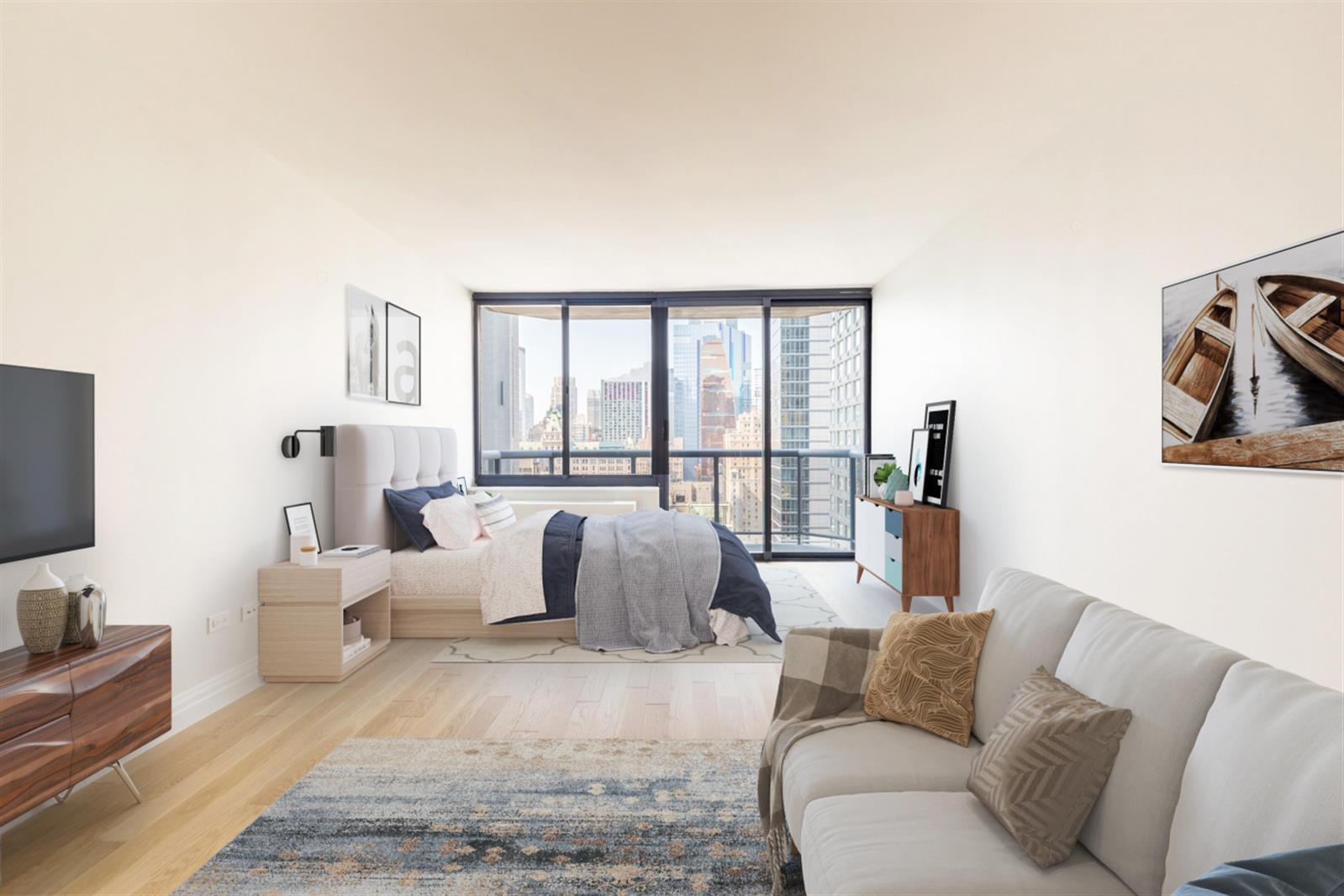 a living room with furniture large window and a flat screen tv