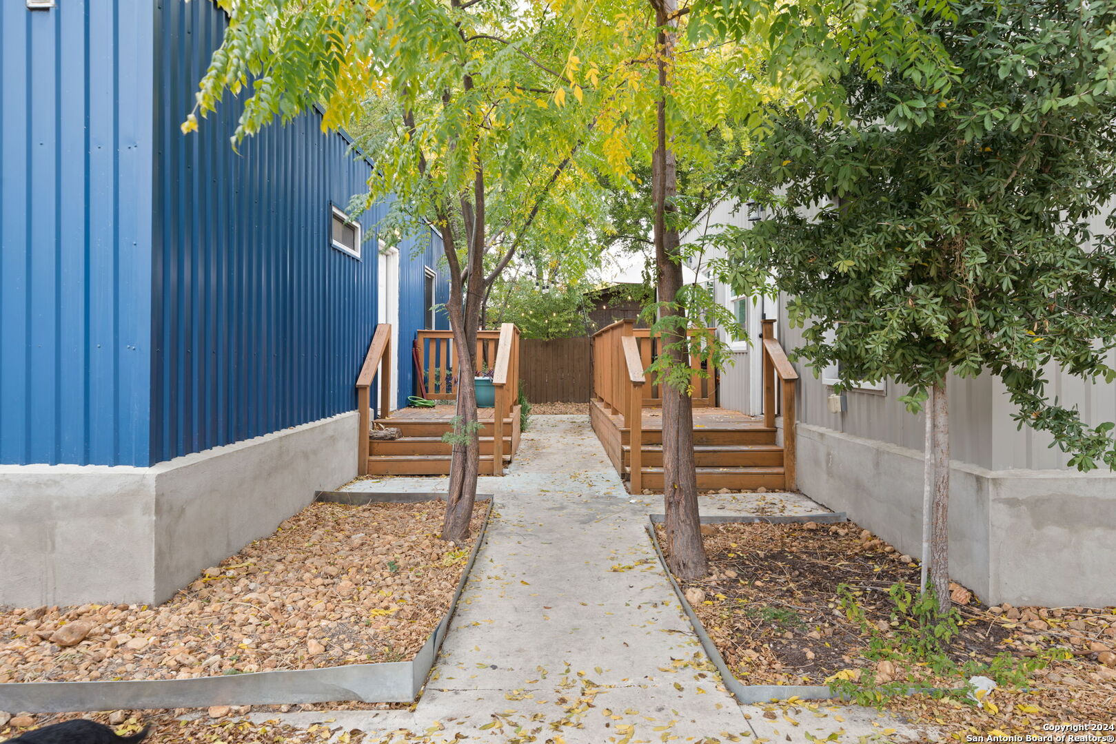 a view of a yard with plants and trees