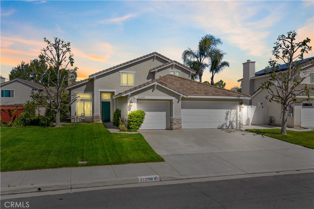 a front view of a house with a yard and a garage