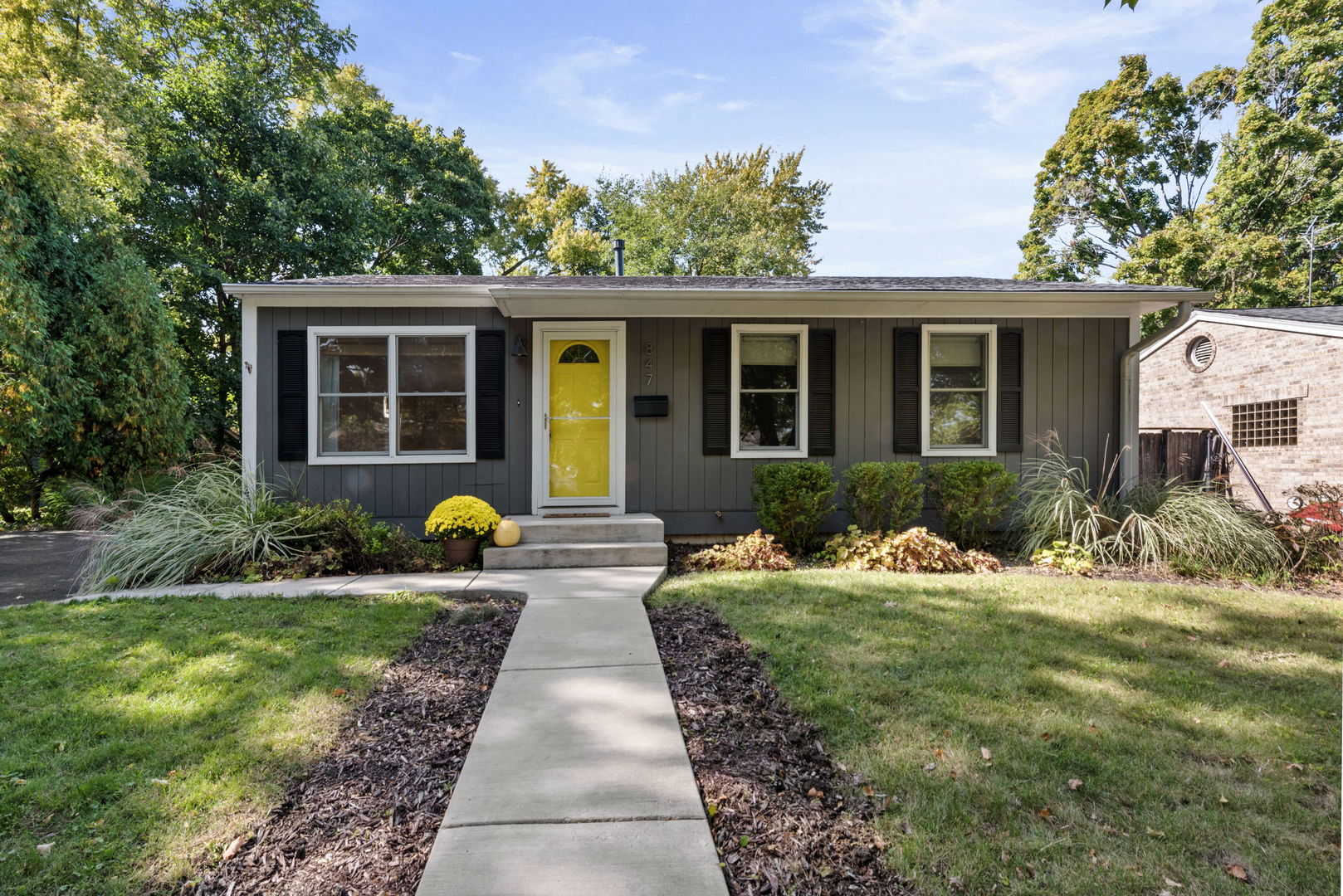 a front view of a house with yard and green space