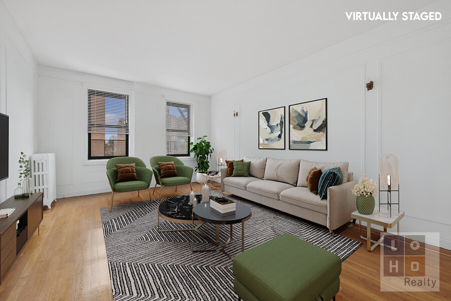 a living room with furniture a rug and a window