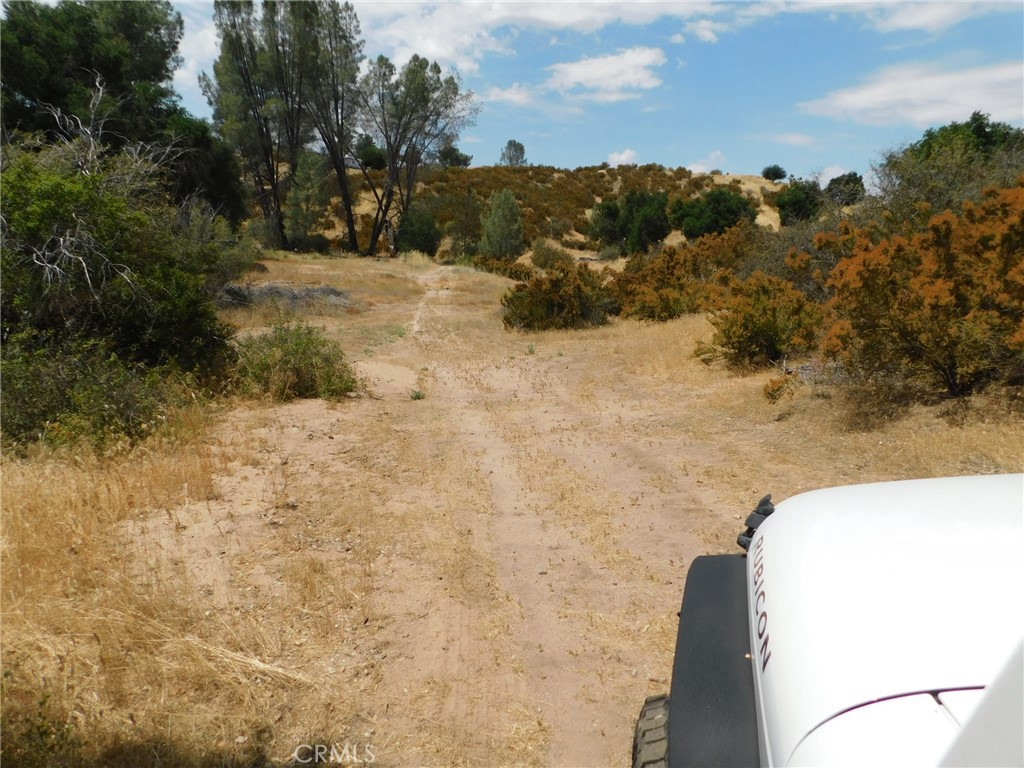 a view of a dry yard with mountains in the background