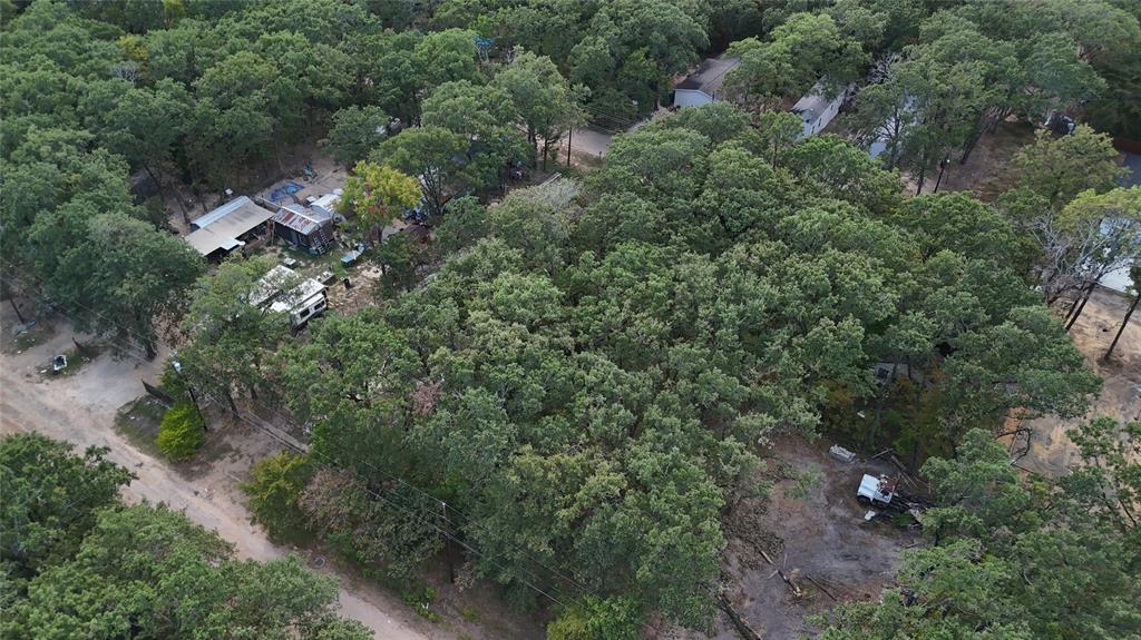 an aerial view of residential house with outdoor space and trees all around