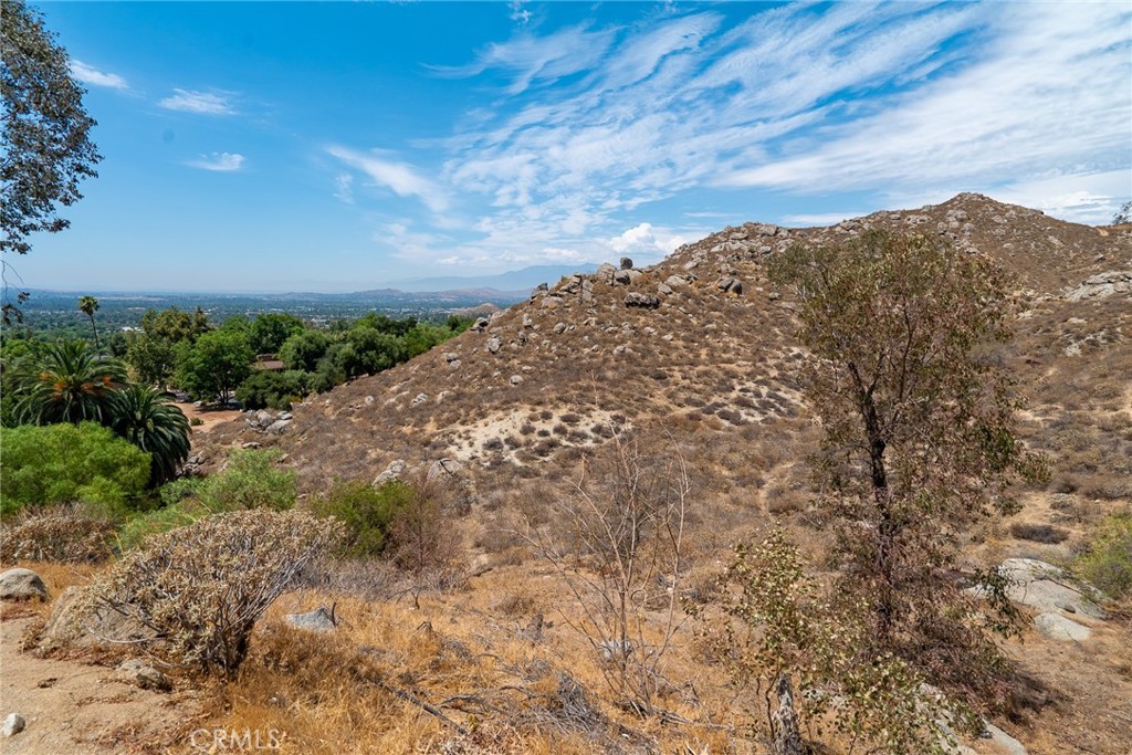 a view of a dry yard with mountains in the background