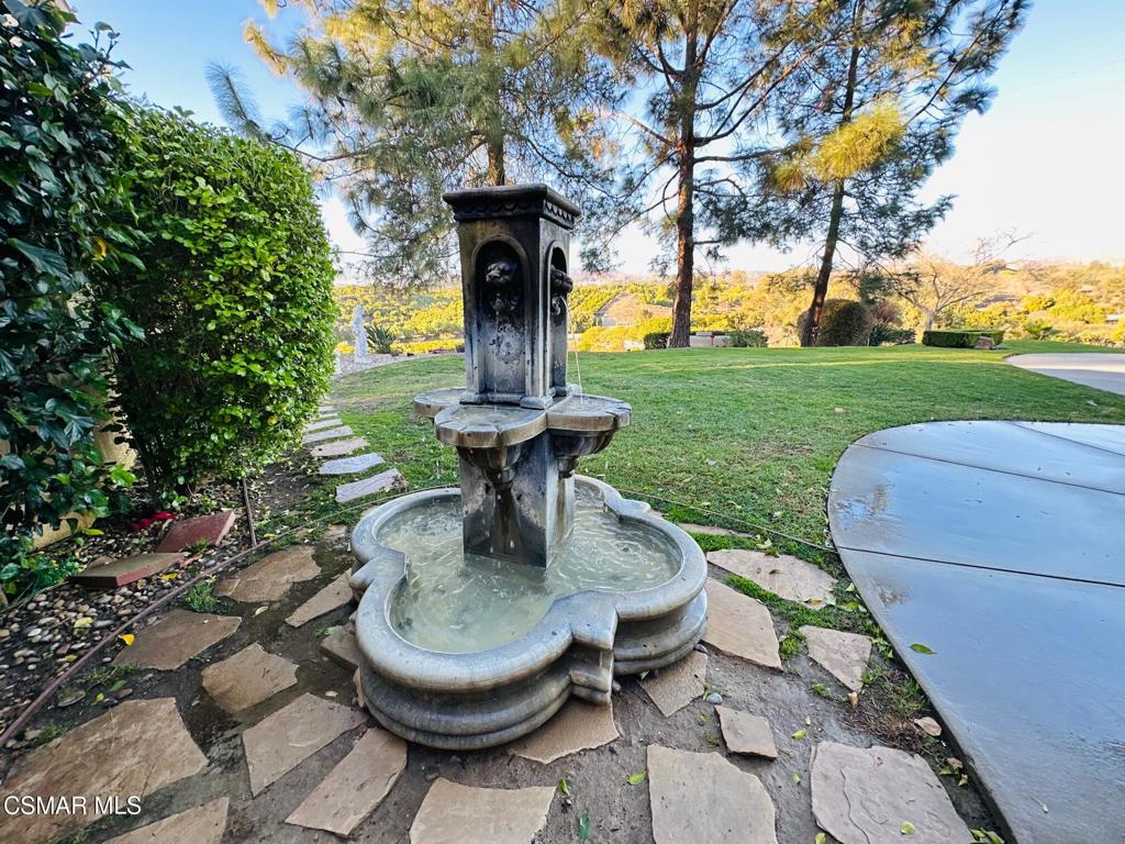 a view of a fountain in the yard with plants