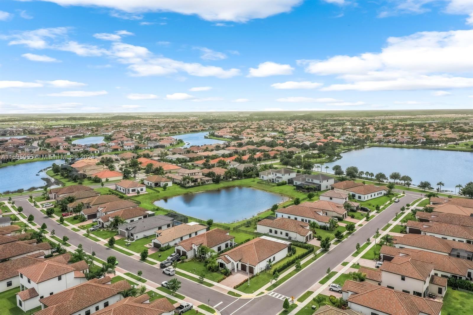 an aerial view of city and lake