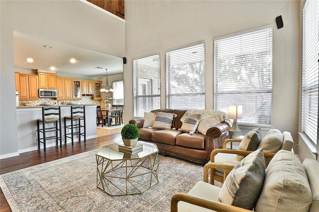 a living room with furniture wooden floor and a large window