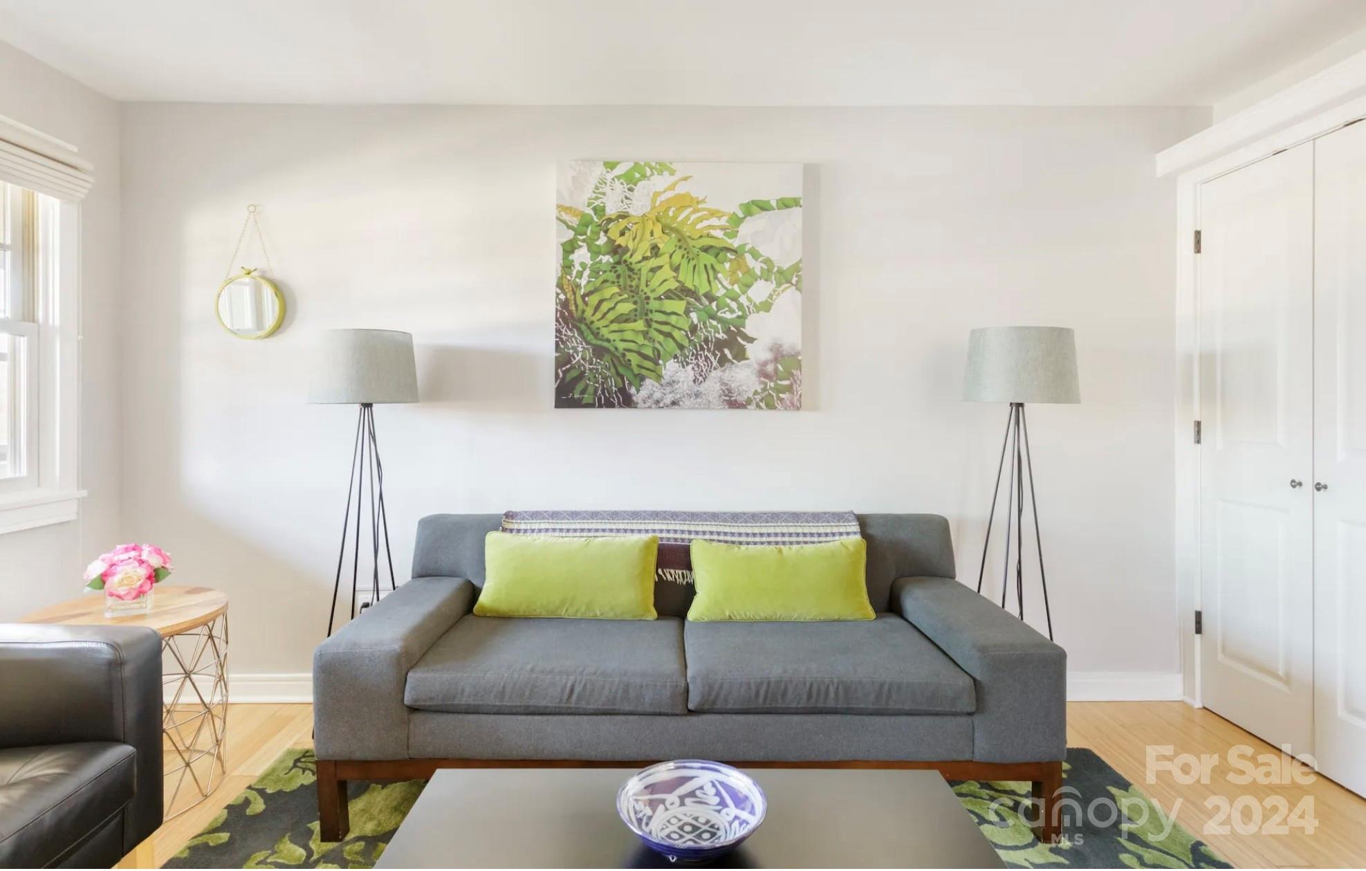 a living room with furniture and a potted plant